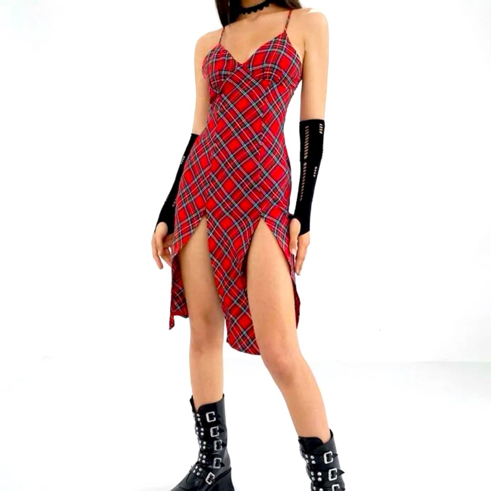 Form Fitting Pladd Dress w/ Two Slits